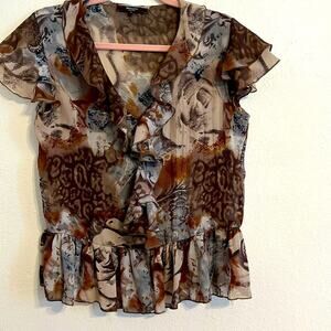 Belissimo M Fairy Sheer Ruffle Peplum Flutter Sleeve Neutral Floral Blouse Top